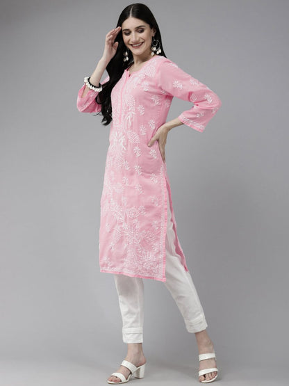 ADA Women Pink & White Ethnic Motifs Embroidered Chikankari Cotton Kurta