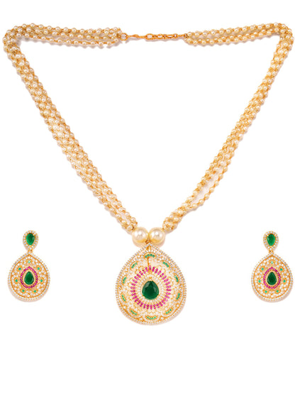 Saraf RS Jewellery Women Gold-Polished Multi Coloured AD Studded Pearl Mala & Earrings Set
