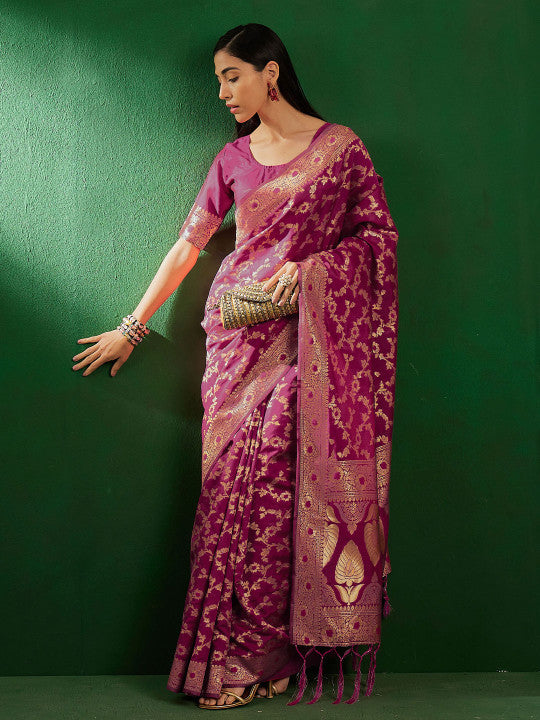 Sangria Burgundy Ethnic Motifs Woven Design Zari Banarasi Saree