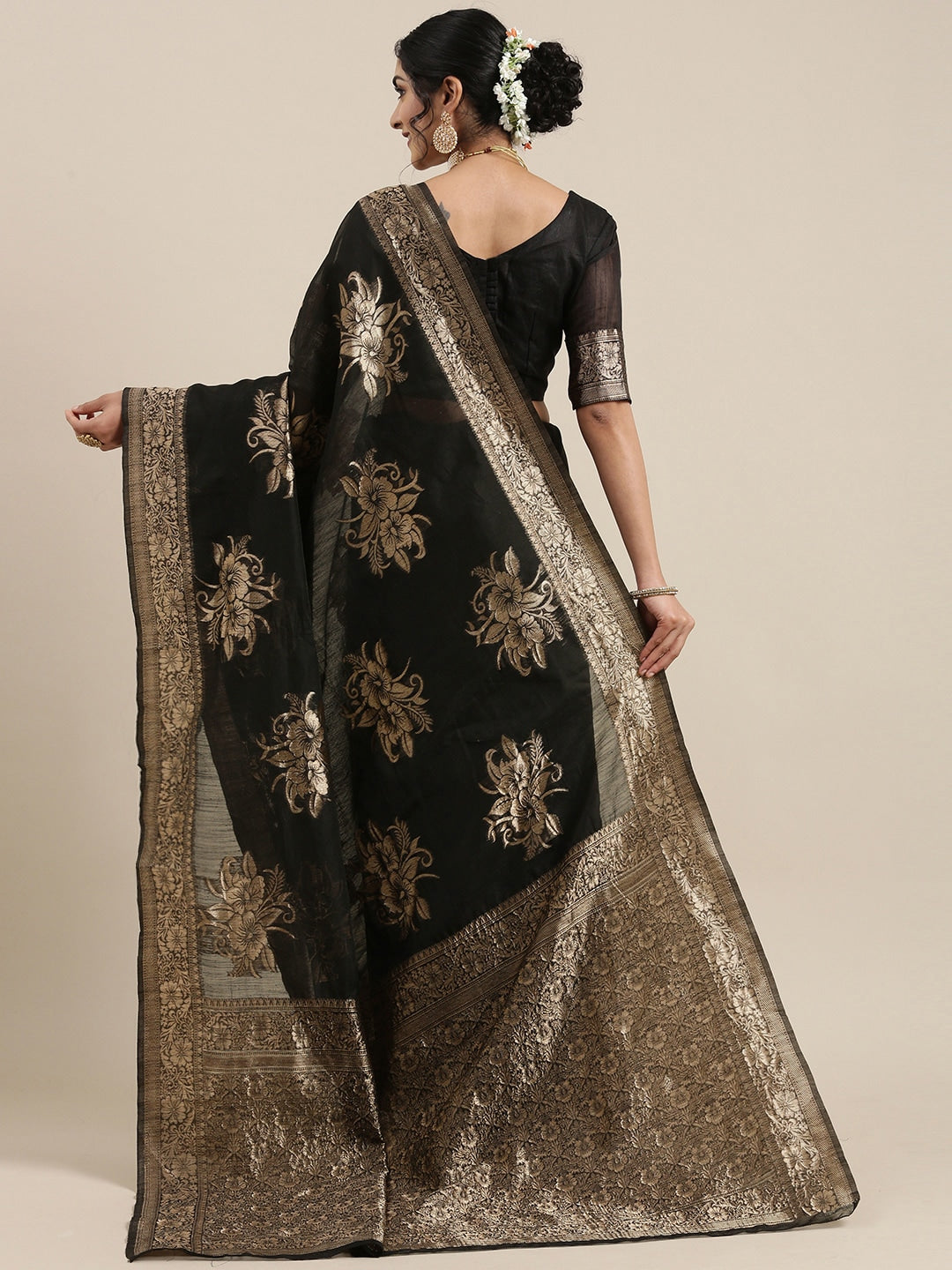 Saree Mall Black Floral Linen Blend Banarasi Saree