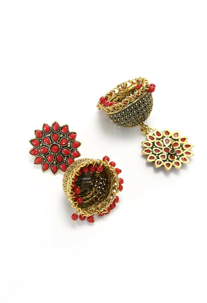 Mominos Fashion Joharkamal Kundan work Jhumka with Red Beads