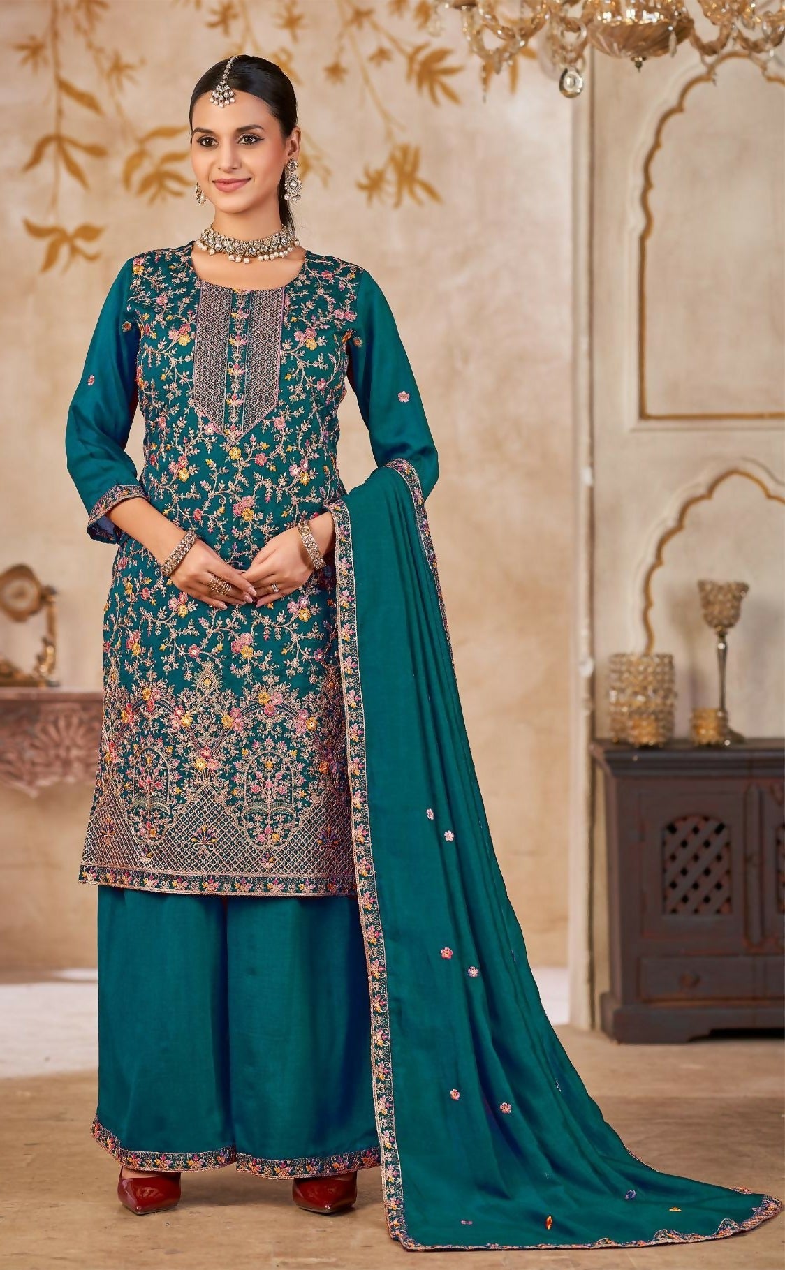 Anaita Blue Vichitra Silk Readymade Palazzo Suit with Embroidery & Lace Work