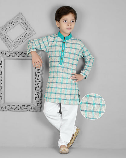 Joban Fashion Kids Island Cotton Full Sleeves Striped Kurta and Pyjama- Teal Blue
