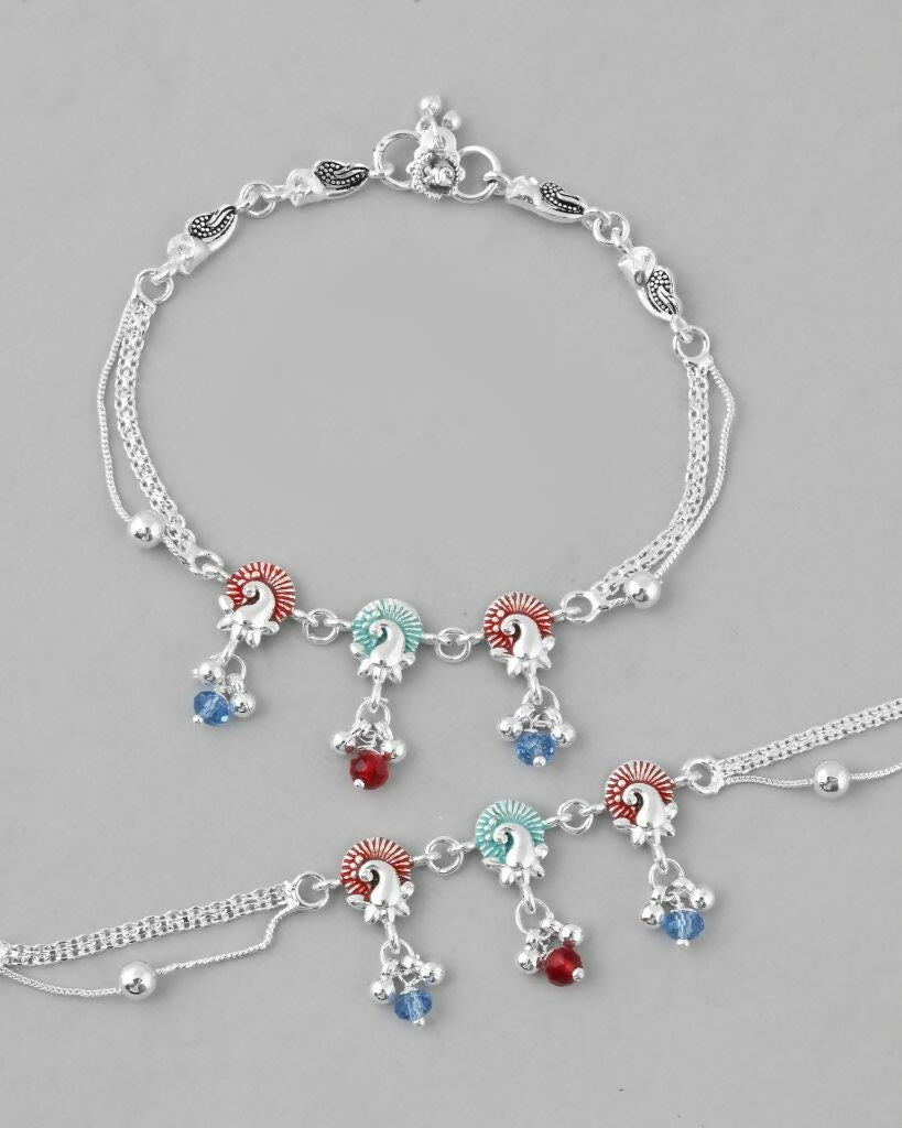 VOJ Set of 2 Silver Plated Peacock Shaped Multi Color Anklet