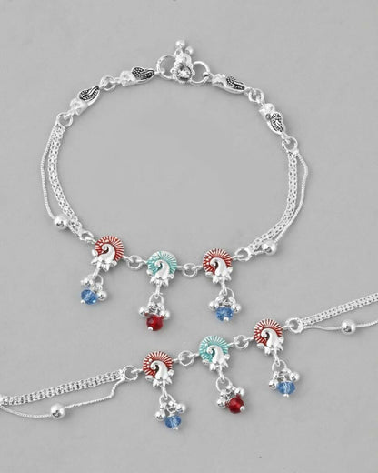 VOJ Set of 2 Silver Plated Peacock Shaped Multi Color Anklet