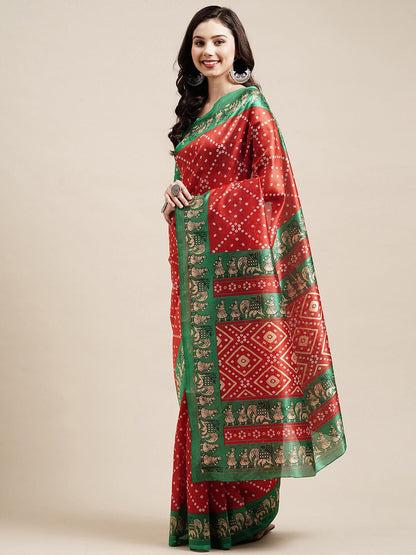 Saree Mall Red & Green Bandhani Printed Saree