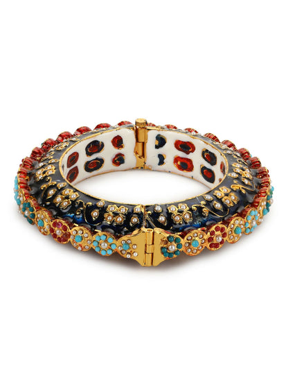Gold-Polished Blue White Kundan Studded Pearls Beaded Bangle - Ruby Raang