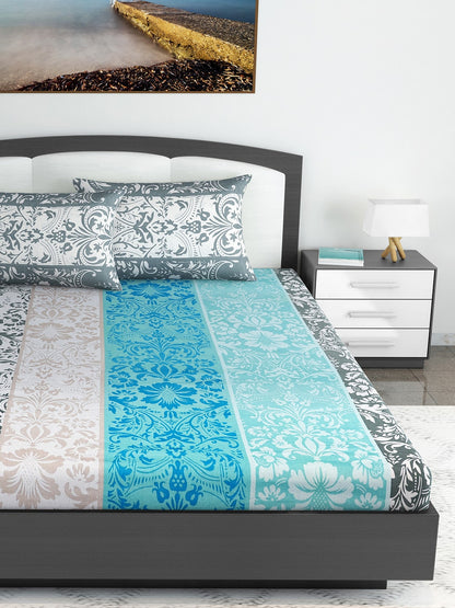 Divine Casa Blue & Grey Ethnic Motifs 120 TC Bedsheet with Pillow Covers
