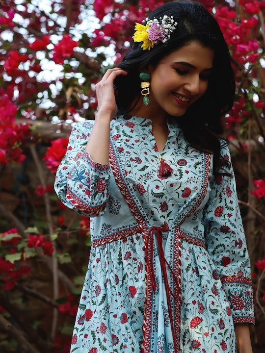 Juniper Floral Printed Mandarin Collar Cambric Cotton A-Line Kurta