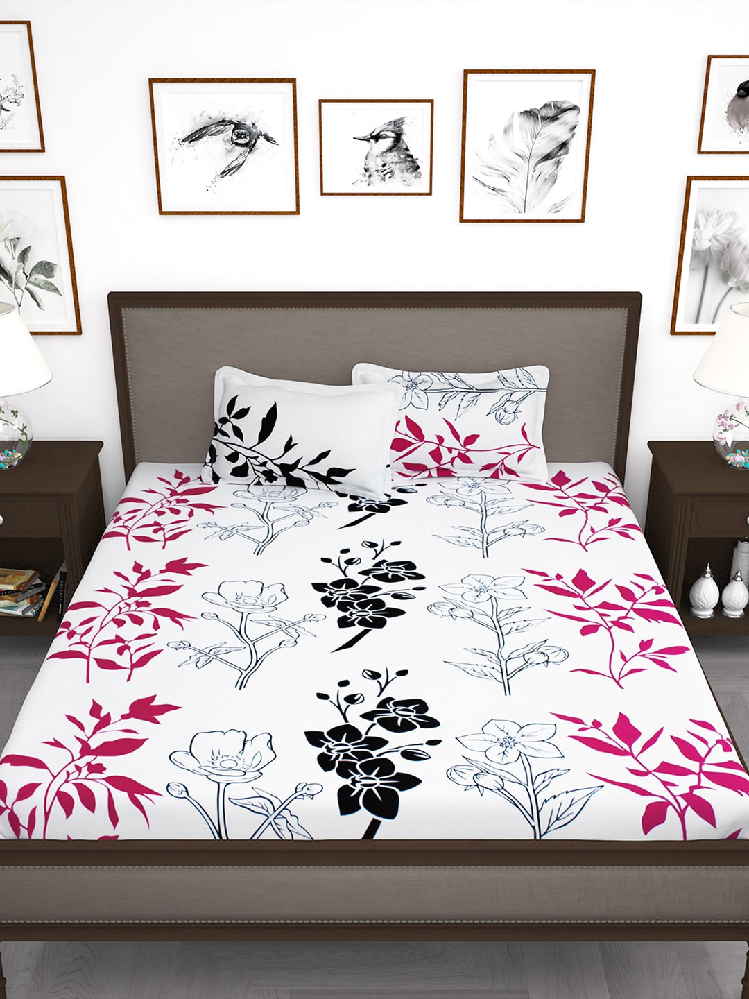Story@home White & Pink Floral King Bedsheet with 2 Pillow Covers