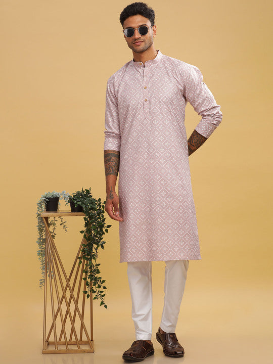 Anouk Geometric Printed Band Collar Straight Long Kurta