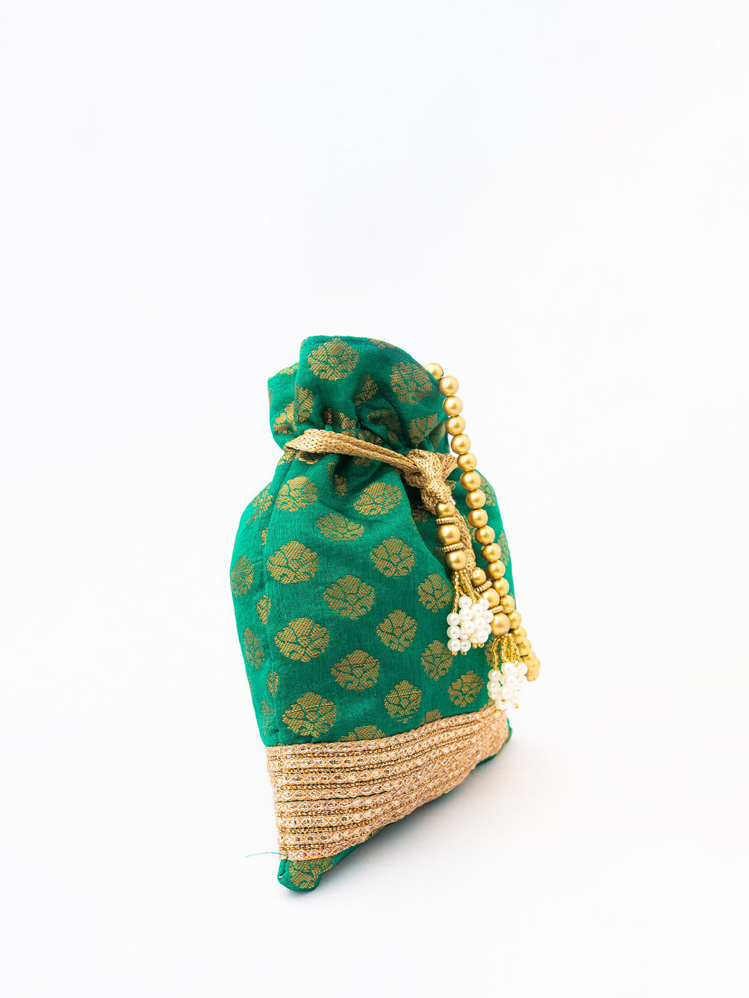 NR By Nidhi Rathi Green & Gold-Toned Banarasi Printed Potli Clutch
