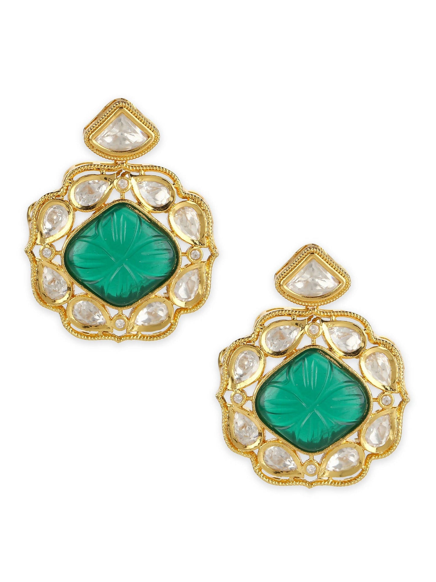 Green Gold-Polished Kundan Studs Earrings - Ruby Raang