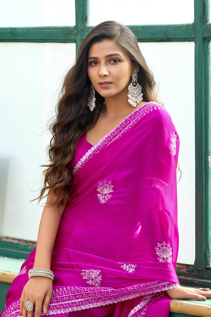 Vastranavya Pink Embroidery Work Shimmer Chiffon Saree with Unstitched Blouse