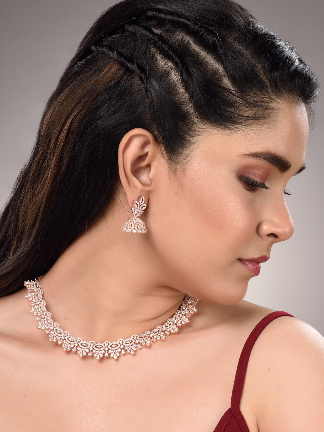 Saraf RS Jewellery Rose Gold-Polished & White AD & CZ-Studded Contemporary Jewellery Set