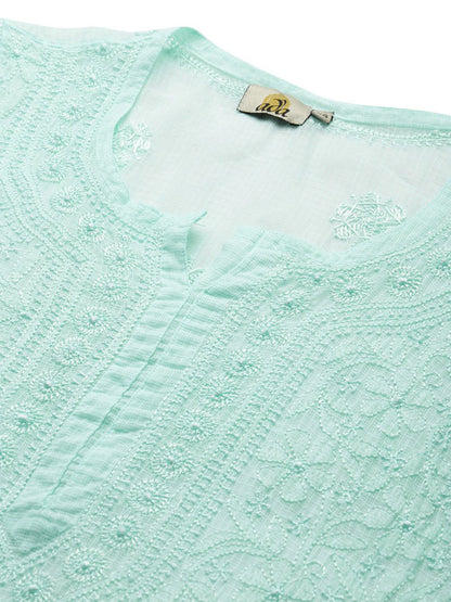 ADA Women Sea Green Chikankari Hand Embroidered Straight Kota Handloom Kurta With Matching Slip