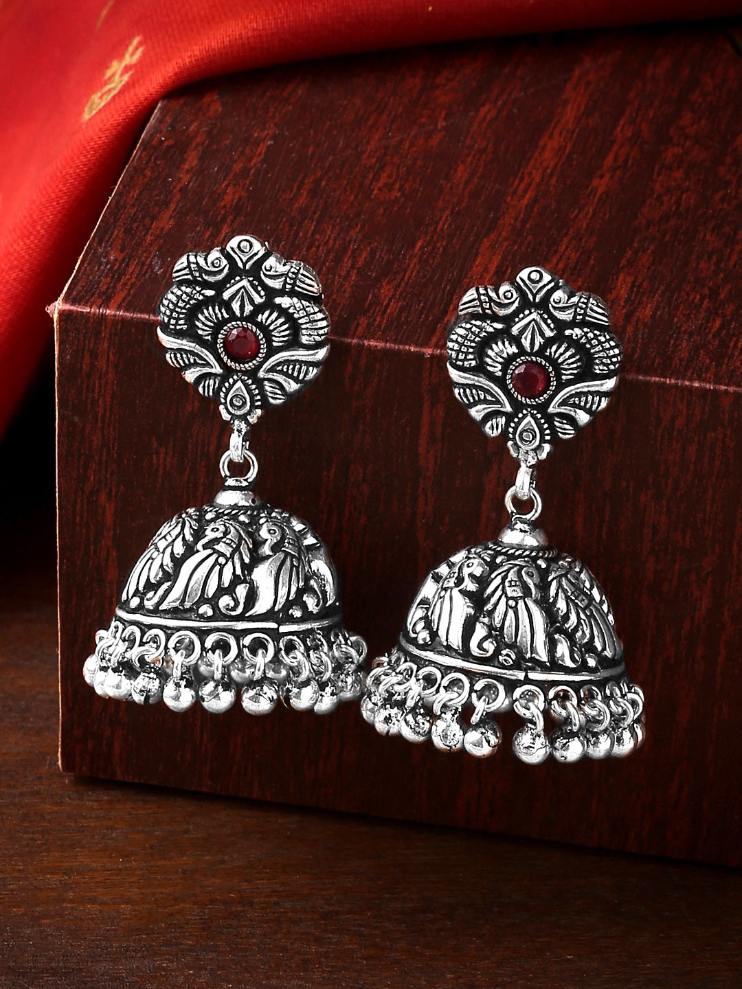 Yellow Chimes Silver-Plated Kolhapuri Peacock Design Jhumkas Earrings