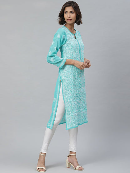ADA Women Sea Green & White Floral Chikankari Embroidered Straight Sustainable Handloom Kurta