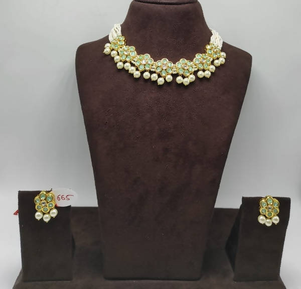 Khavi Arts Enamel Studded Pearl Choker-Mint Green