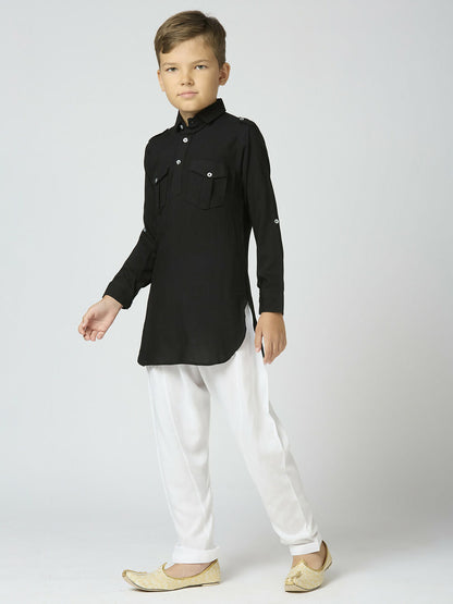 Joban Fashion Kids Island Full Sleeves Cotton Pathani Kurta and Pyjama Set - Black