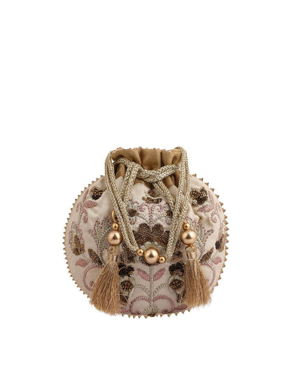 Masq Beige & Brown Embellished Embroidered Potli Clutch