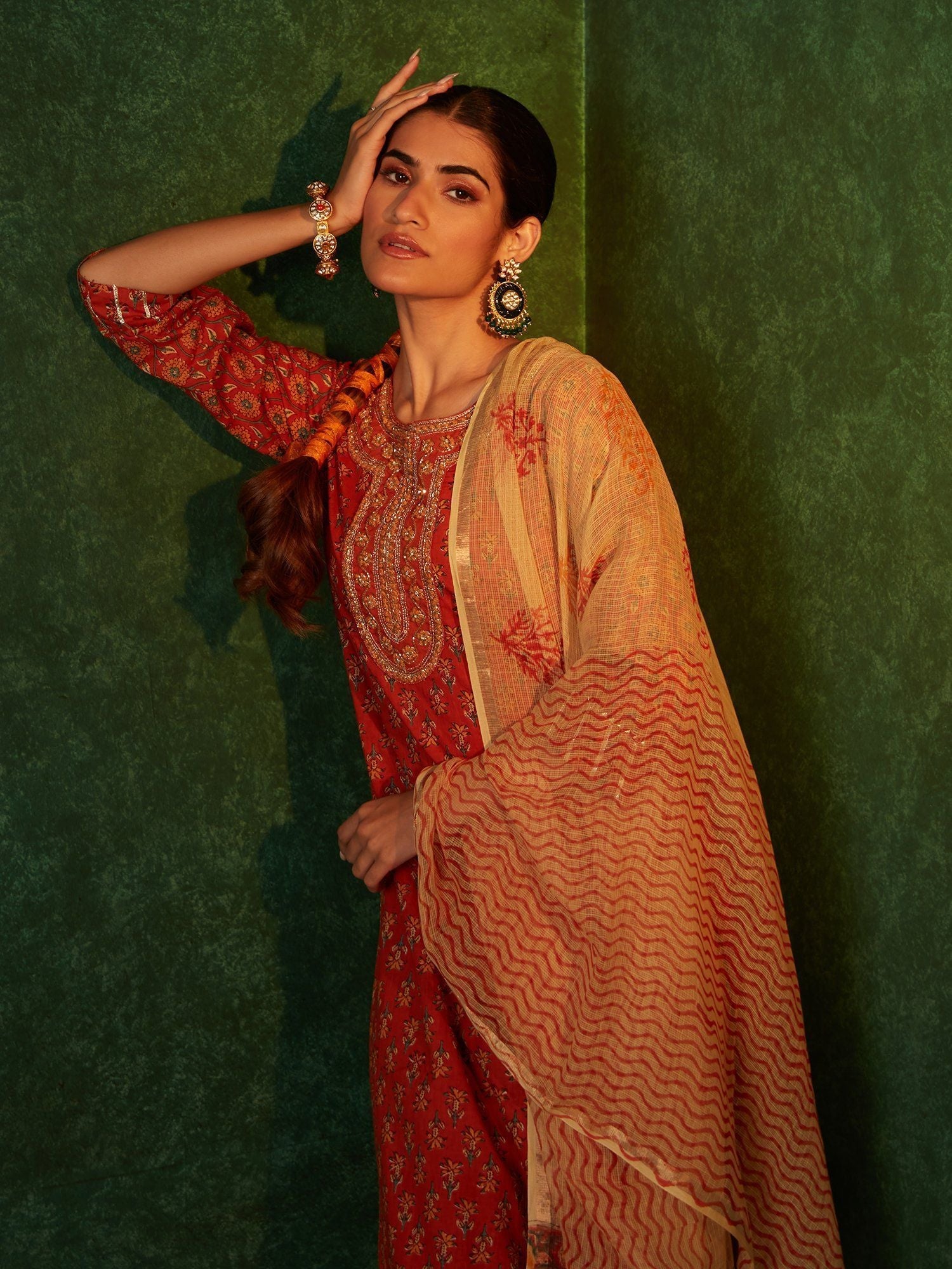 Likha Orange Floral Print & Embroidered Kurta Pant With Dupatta LIKSKD177