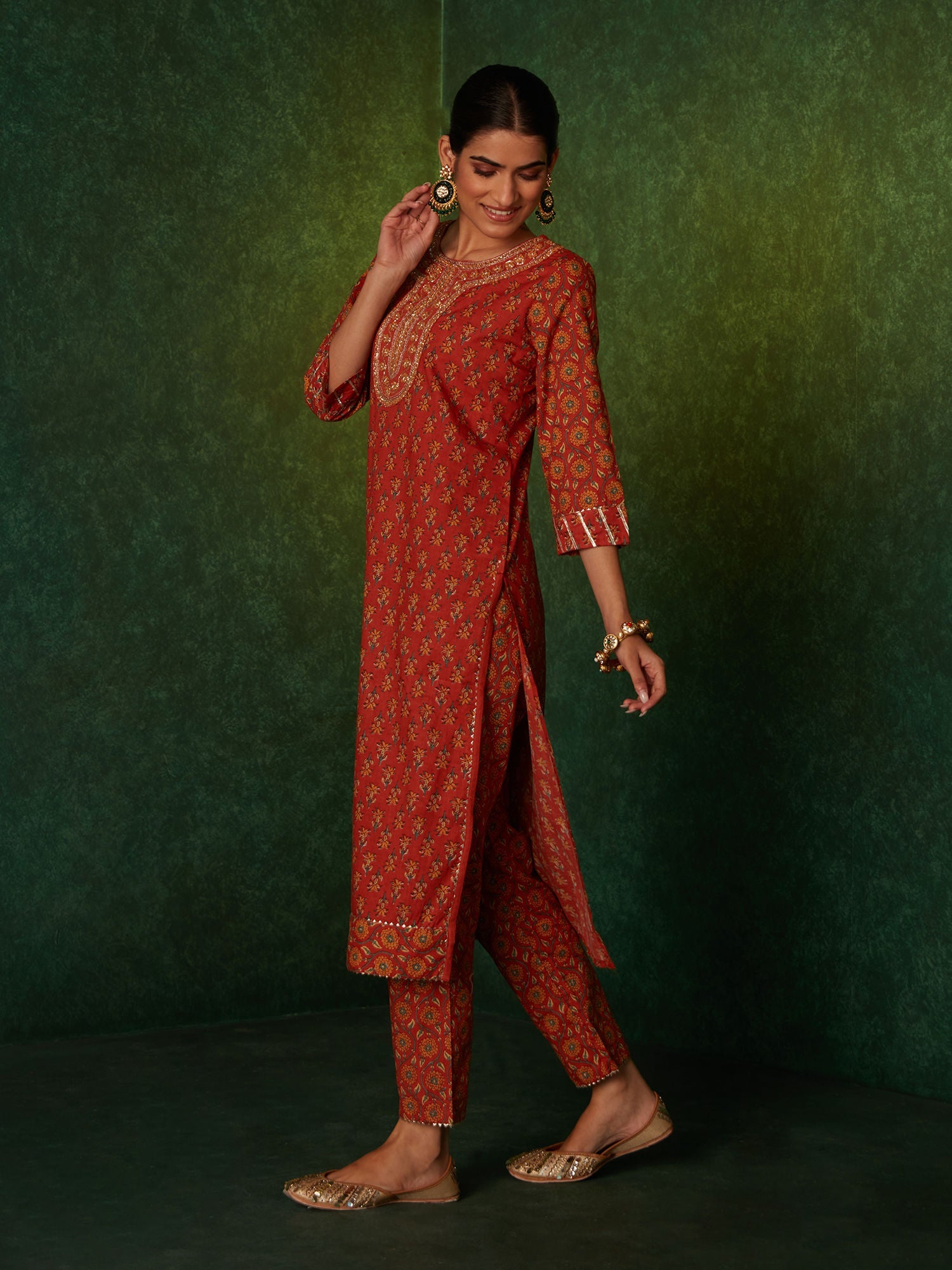Likha Orange Floral Print & Embroidered Kurta Pant With Dupatta LIKSKD177