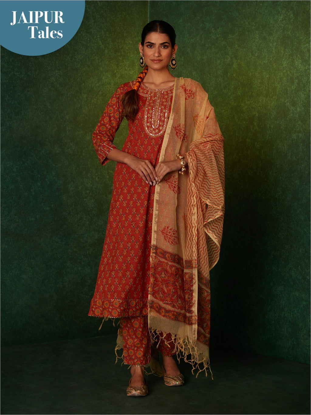 Likha Orange Floral Print & Embroidered Kurta Pant With Dupatta LIKSKD177