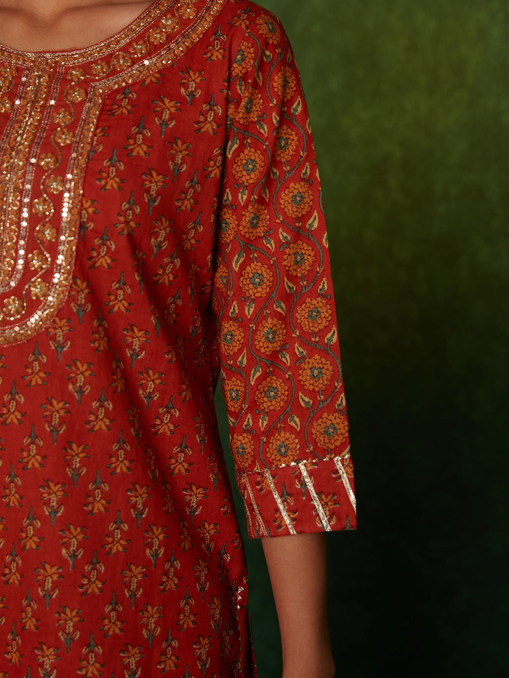Likha Orange Floral Print & Embroidered Kurta Pant With Dupatta LIKSKD177