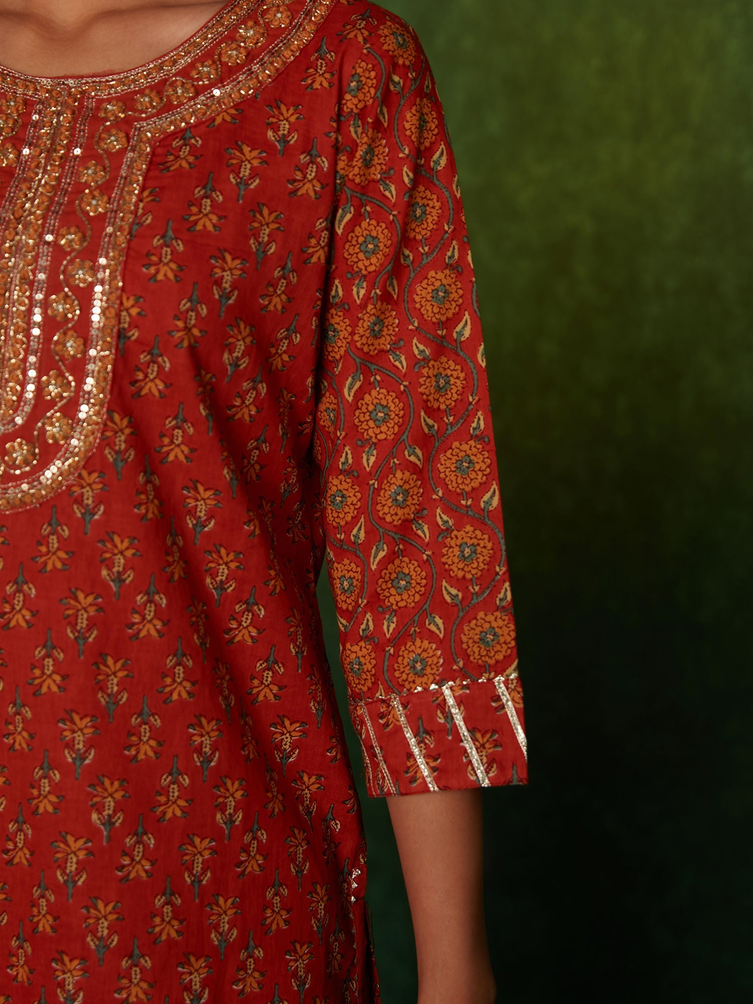 Likha Orange Floral Print & Embroidered Kurta Pant With Dupatta LIKSKD177