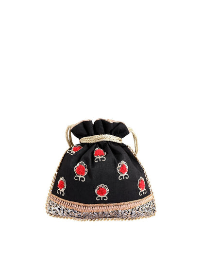 Masq Black & Red Embellished Embroidered Potli Clutch