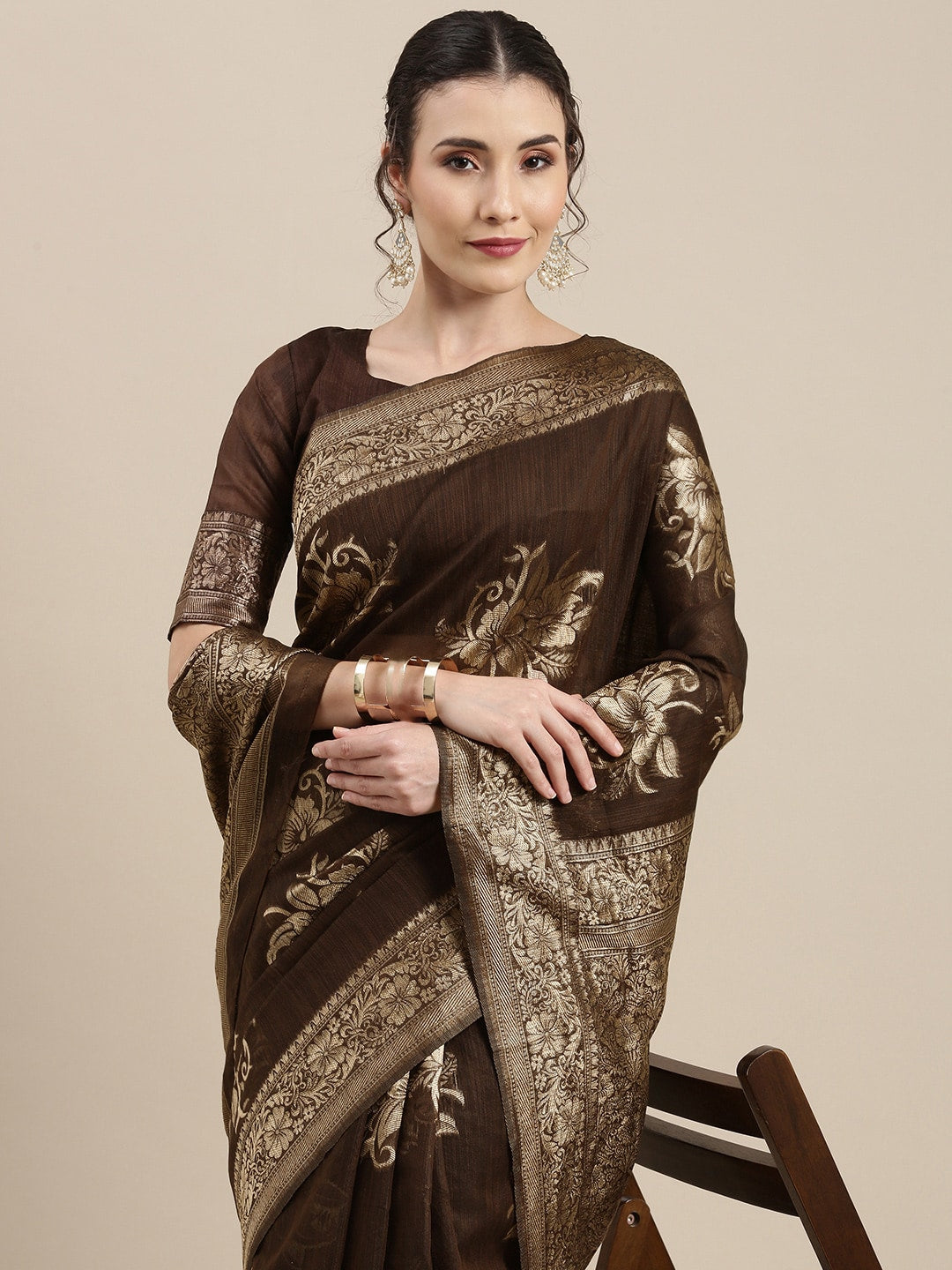 Saree Mall Brown Floral Linen Blend Banarasi Saree