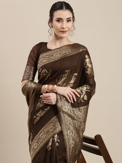 Saree Mall Brown Floral Linen Blend Banarasi Saree