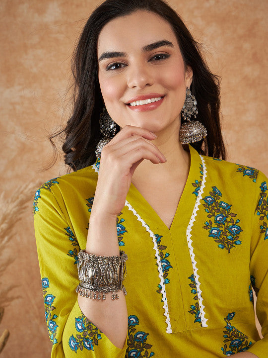 Sangria Green & Blue Floral Printed Pure Cotton V-Neck Kurta