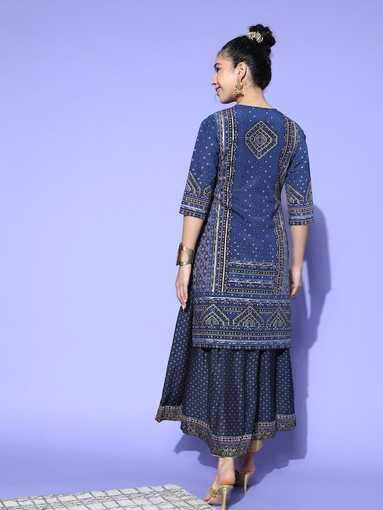 Juniper Women Navy Blue Silk Print Mix Kurta