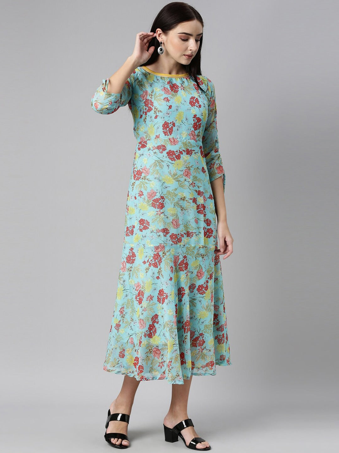 Souchii Blue Floral Printed Chiffon A-Line Midi Dress