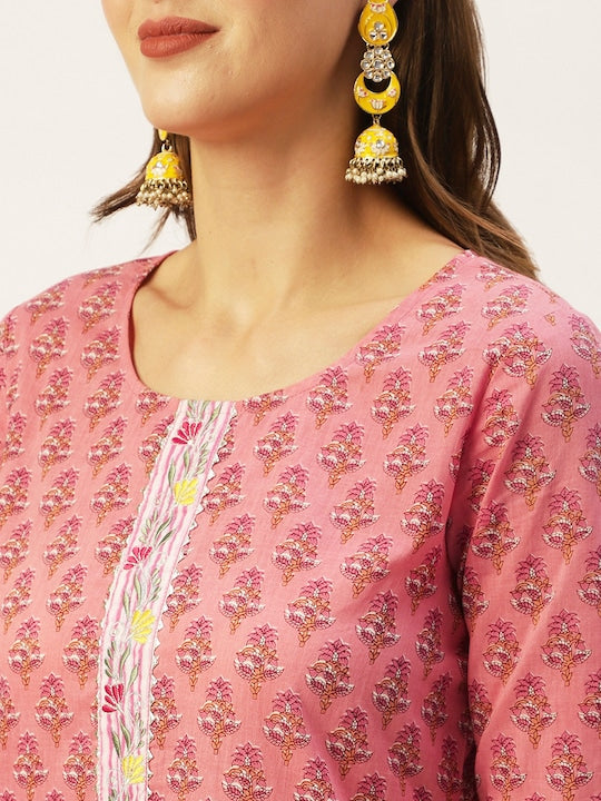 Anubhutee Women Peach Coloured Floral Printed Pure Cotton Kurta with Trousers & With Dupatta