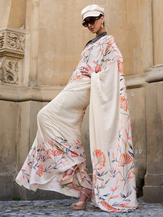 Sangria Floral Printed Satin Saree