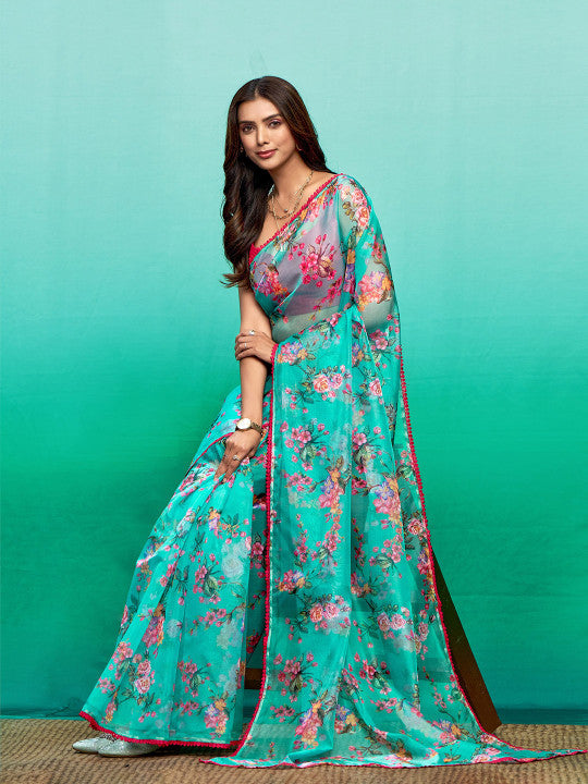 Sangria Floral Printed Organza Saree
