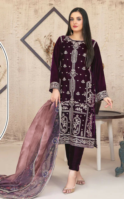 Anaita Purple Velvet Suit with Embroidery Sequence Work