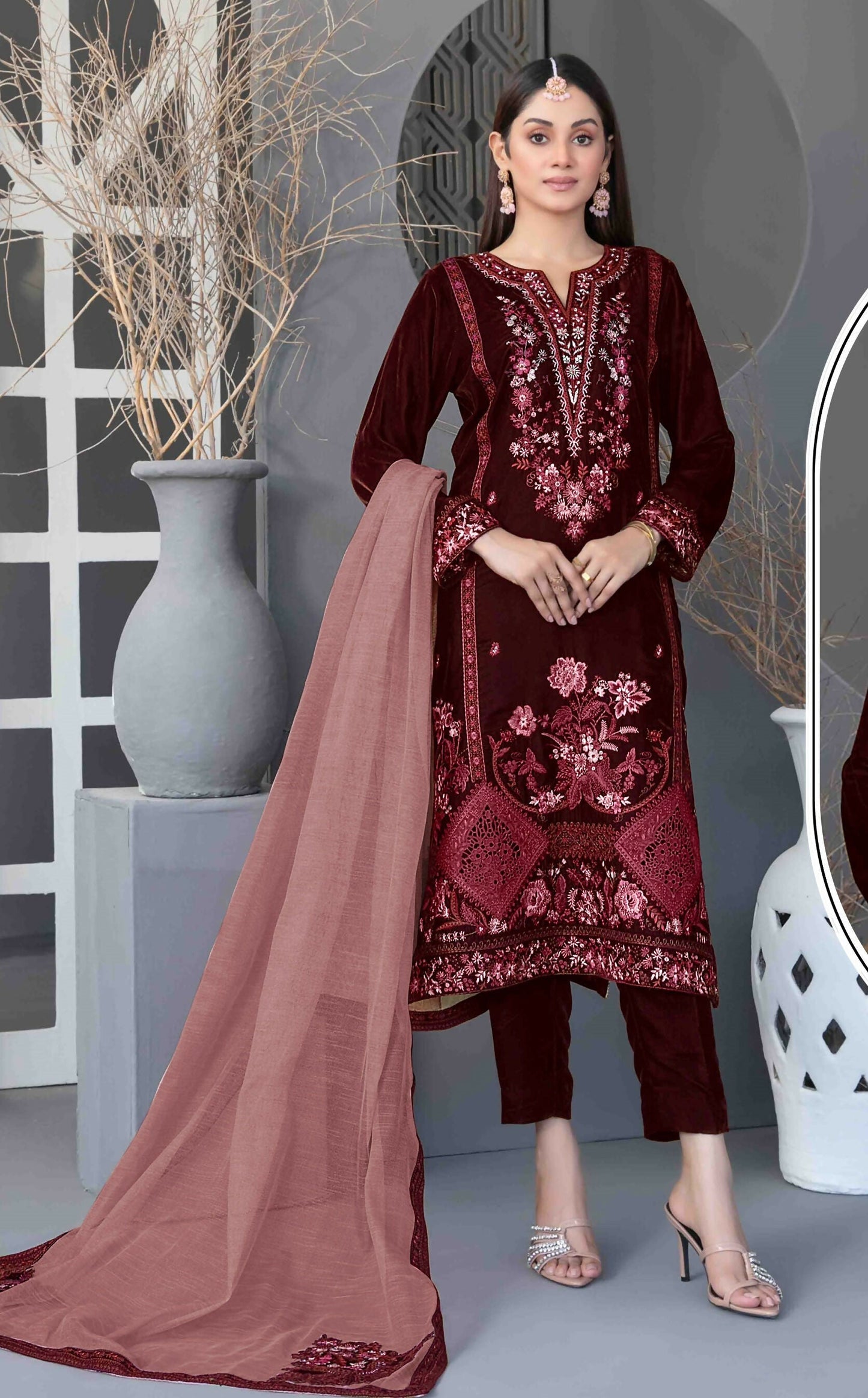 Anaita Maroon Velvet Suit with Embroidery Sequence Work