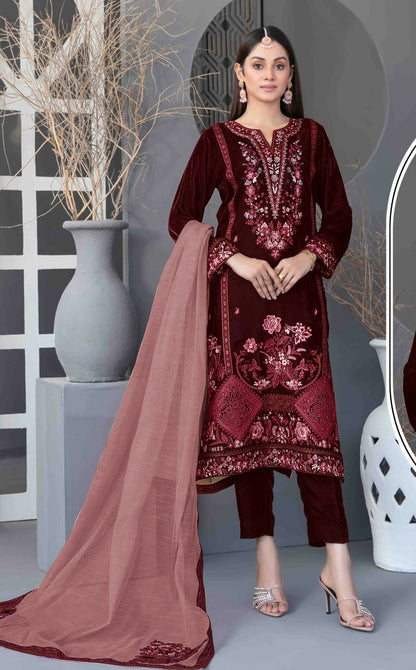 Anaita Maroon Velvet Suit with Embroidery Sequence Work