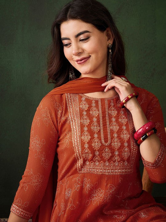 Sangria Floral Printed Zari Anarkali Kurta With Trousers & Dupatta