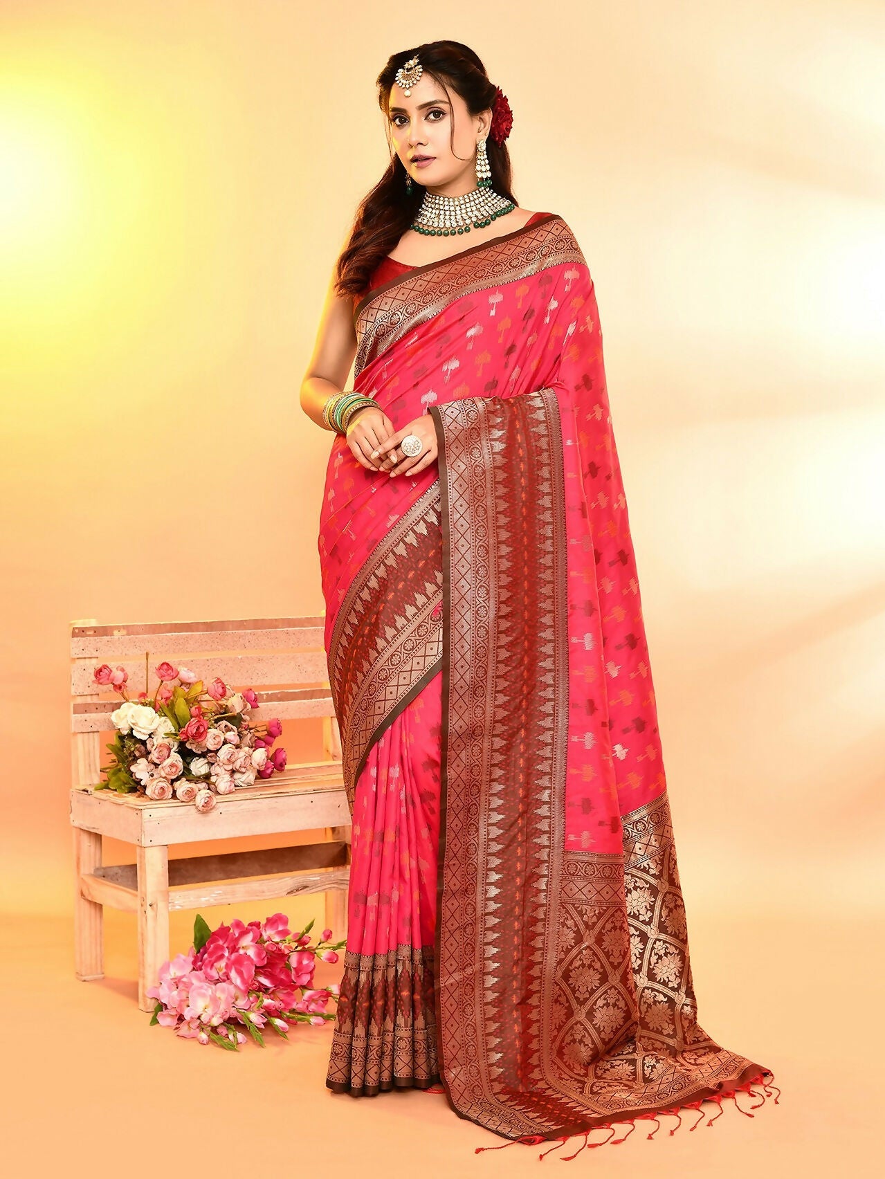 Joban Fashion Rani Pink & Bottle Green Plain With Weaving Border Banarasi Silk Sarees
