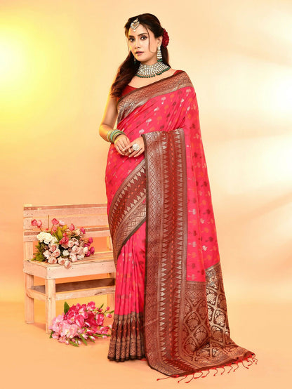 Joban Fashion Rani Pink & Bottle Green Plain With Weaving Border Banarasi Silk Sarees