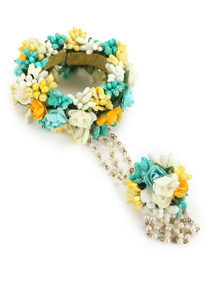 Flower Jewellery Gold-Polished Turquoise Blue Floral Jewellery Set - Ruby Raang