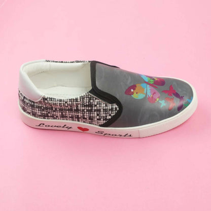 Tiny Bugs Girls Butterfly Print Slip Ons Sneakers - Dark Grey