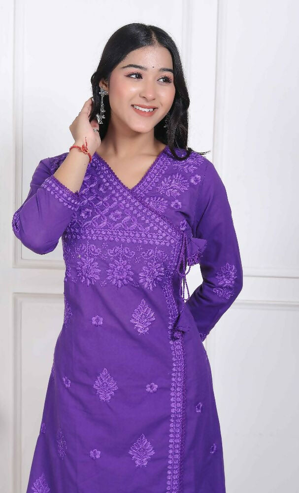 Miravan Womens Purple Floral Printed Angrakha Style Kurta With Palazzo
