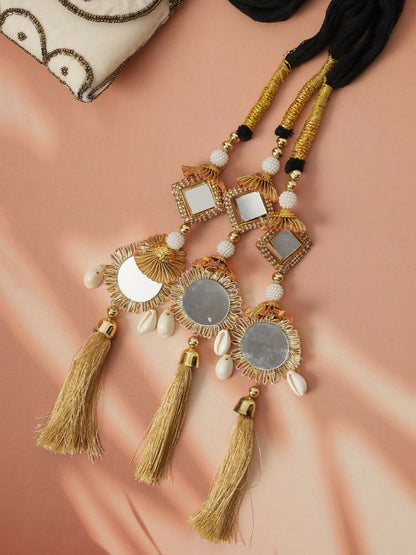 Ruby Raang Gold Gota Pati Work And Threads With Pearls And Black Thread And Mirrors