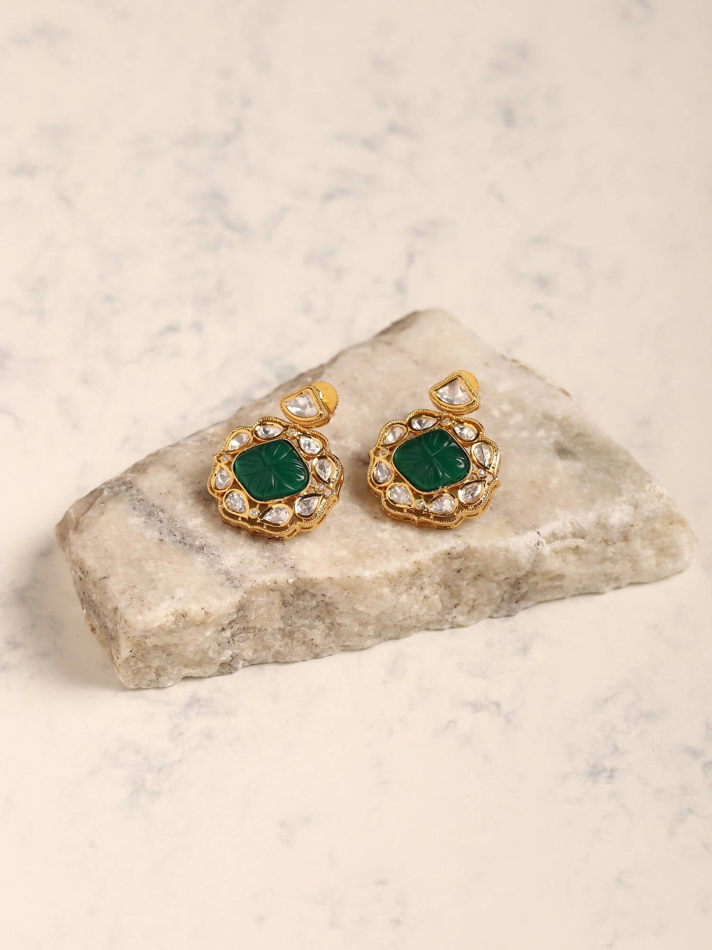 Green Gold-Polished Kundan Studs Earrings - Ruby Raang